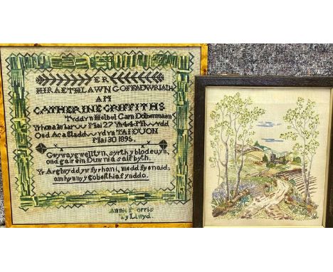 FRAMED WELSH WOOLWORK COMMEMORATIVE TAPESTRY WITH VERSE - dated 1895 by Annie Morris Ty Llwyd, 59 x 61.5cms and a needlework 