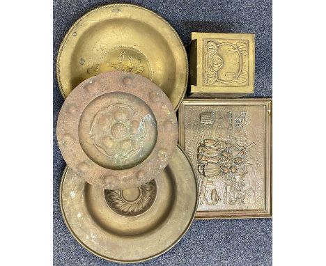 REPOUSSE BRASS ORNAMENTALWARE - 5 items to include a square planter with Art Nouveau decoration, 21cms H, 19.5cms square, rec
