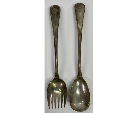 VICTORIAN SILVER SALAD SERVERS, A PAIR, London 1867, maker H J Lias &amp; Son, 30.5cms in length the spoon, 29cms long the fo