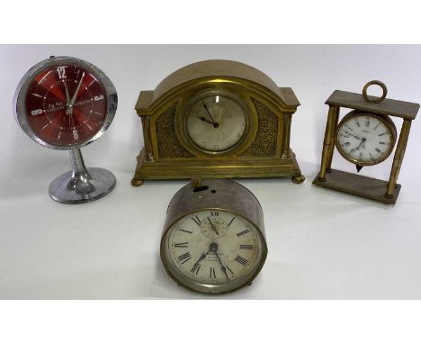 FRENCH, SWISS &amp; ENGLISH MANTEL CLOCKS (4) - a gilt brass French made example, architectural form with engine turned decor