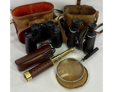 MILITARY &amp; OTHER BINOCULARS, TWO PAIRS, modern three draw brass telescope and a desk magnifying glass, the binoculars mar