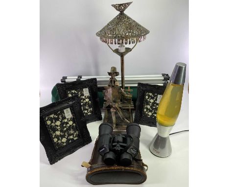 VINTAGE TYPE LAVA LAMP and a metallic table lamp depicting a gentleman sitting on a bench, also, a set of cased Summit 10 x 5