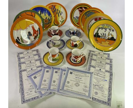 CLARICE CLIFF BY WEDGWOOD COLLECTION - of 7 various pattern plates and 6 various pattern cups and saucers, all have associate