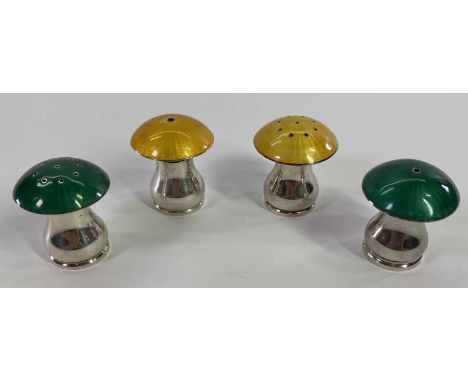 ELA, DENMARK STERLING SILVER &amp; ENAMEL SALT &amp; PEPPER POTS, mushroom shaped, two pairs in green and yellow enamels, 4.5