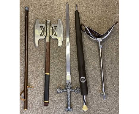 SHOOTING STICK, theatrical gothic sword and axe, walking stick and a Mercedes gear stick handle umbrella