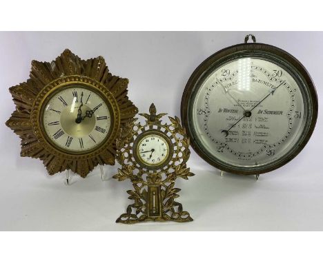 CLOCKS &amp; BAROMETERS, 3 ITEMS - a Wilson forecast barometer on a circular oak mount, 25cms diameter, Smiths eight day wall