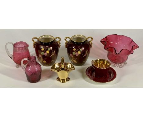 CARLTONWARE - Rouge Royale pair of twin-handled vases, 12.5cms tall, Crown Devon and Royal Winton cabinet items and three ite