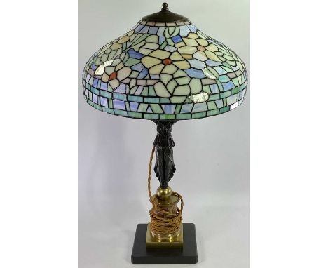 REPRODUCTION FRENCH GILT BRASS, MARBLE AND BRONZED FIGURAL TABLE LAMP with Tiffany style lamp shade, 77cms high, display only
