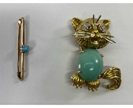 18CT &amp; 9CT GOLD BROOCHES (2) to include a Ben Rosenfeld eighteen carat gold whimsical cat brooch with diamond and ruby se