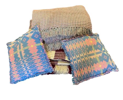 TRADITIONAL WAFFLE BLANKETS (2) - burgundy and cream checked and a pink and blue reversible, with tasselled ends, also two We