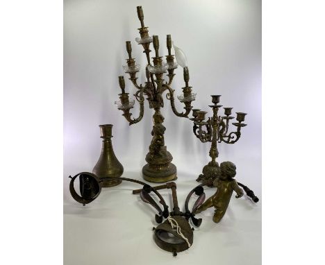 VINTAGE LIGHTING ITEMS (3) and a brass baluster vase, the lighting includes a two branch copper effect gas lamp fitting, bras