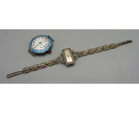 A lady's silver wristwatch and a silver and enamel wristwatch, enamel a/f 