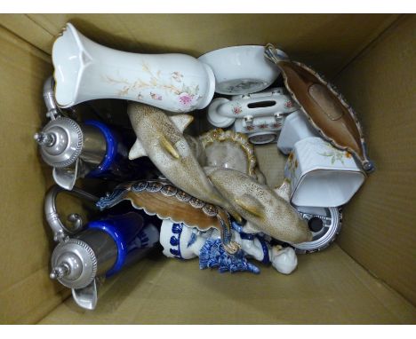 A pair of Wade Falstaff claret jugs, two Wade Viking boats, a twin dolphin oil burner, a German tea caddy, vases, etc. **PLEA