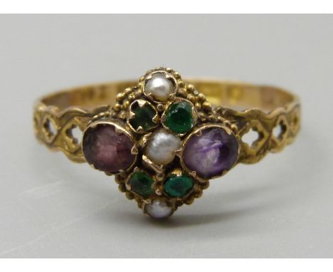 A Victorian 15ct gold, multi-gem set ring, Birmingham 1867, 1.3g, Q, with a vintage box 