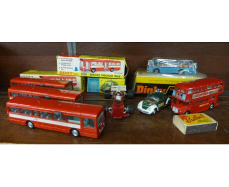 Five Dinky model buses, three boxed, a Corgi  VW Police car, boxed and a Dinky racing car 
