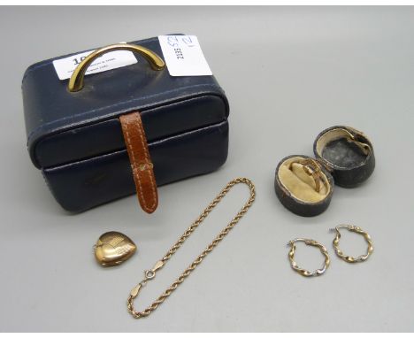 A 9ct gold ring, a/f and a 9ct gold bracelet, 3.3g, a 9ct back and front locket and a pair of '9ct Bonded Gold' earrings 