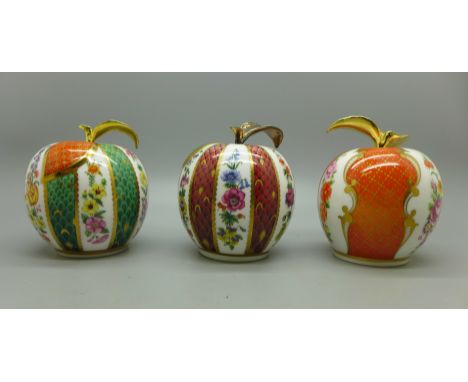 Three Royal Worcester apple candle snuffers, boxed 