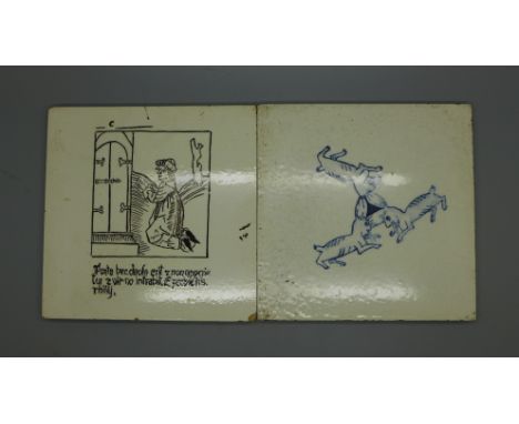 A glazed tile, marked, ‘Battersea, Holy Trinity in the design of the ears of the rabbits’, and one other ceramic tile, devoti