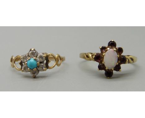 Two 9ct gold cluster rings, one set with garnets and opal, 1.9g, Q, one set with turquoise and white stones, 1g, O 