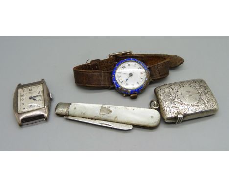 Two silver wristwatches including Benson, 24mm case, a silver penknife and a silver vesta case, (enamel on circular watch a/f