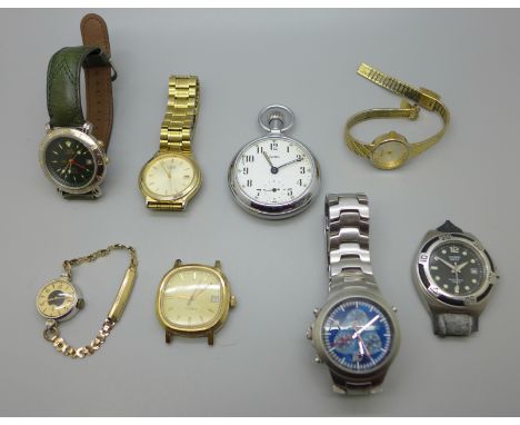 A collection of watches including a Casio Edifice head, Guess, Smiths pocket watch, Ingersoll, etc. 