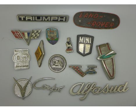 A collection of car badges including Mini, Alfa Sud, Land Rover plaque, old Volkswagen, Renault and Vauxhall 