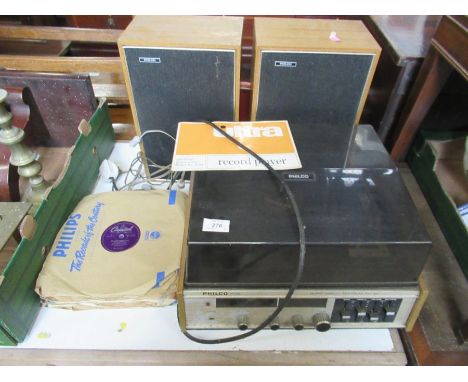 A Philco record player and speakers together with records