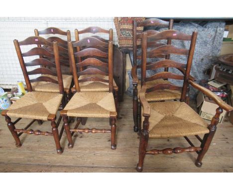 A set of 6 (4+2) Antique ladder back dining chairs, with rush seats