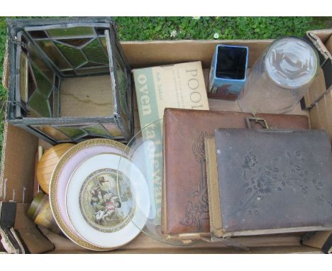 A box of assorted items, to include a stained glass light shade, Whitefriars style vase etc