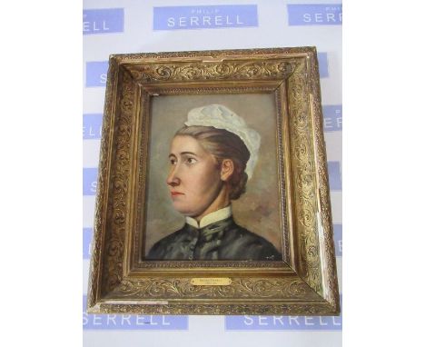 A late 19th century/early 20th century English School, oil on canvas, portrait of Edith Cavell, 10ins x 8ins