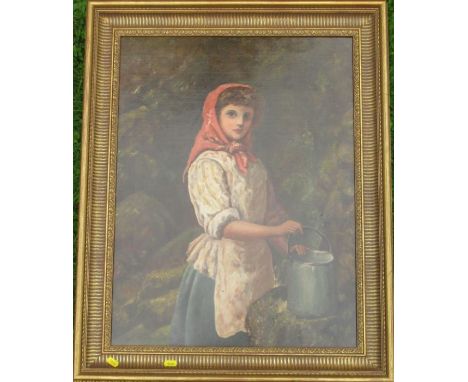 A Victorian oil on canvas, portrait of a milk maid, 25.5ins x 19ins - Relined