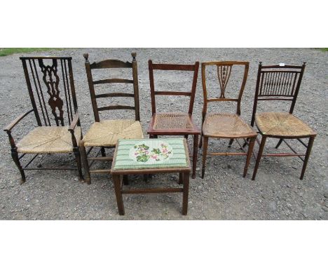 Five various chairs, and a tapestry topped stool