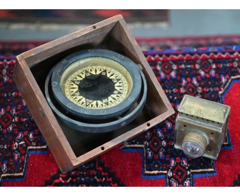 A vintage Atlas boat-compass on gimbals, in pine box, to/w an antique copper hand-lantern with oil wick burner and magnifying