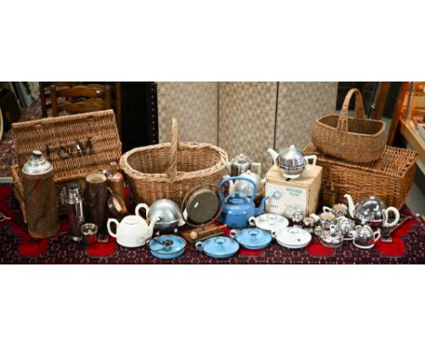 A Fortnum &amp; Mason picnic hamper, another hamper and two baskets to/w various old Thermoses, tea-pots, enamel ware etc 