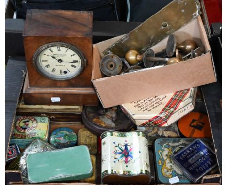 D Winterhalder, Maidstone, a 19th century walnut cased mantel clock, a/f to/with assorted old advertising/commemorative tins 
