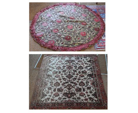 A Liberty style circular machine woven table cover, 160 cm dia. to/with a belgian machine woven tapestry style panel, 143 cm 