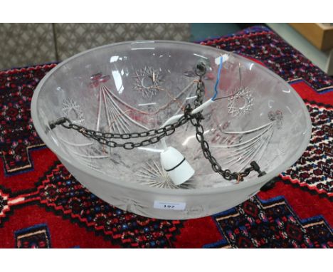 An Art Deco etched and cut glass ceiling light fitting, 40 cm dia., suspended from three link chains 