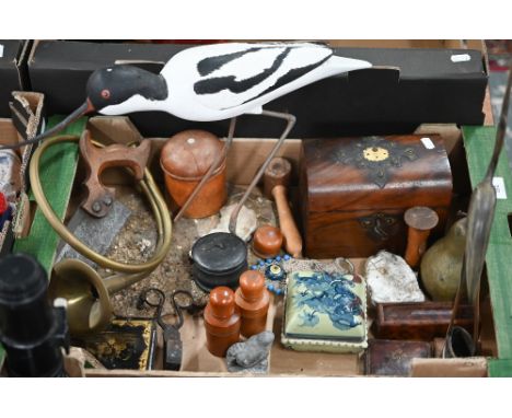 Assorted collectables including Victorian walnut brass mounted caddy (locked), painted wooden Avocet with metal legs and natu