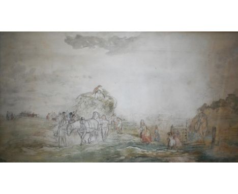 English school - Villagers at harvest time, pencil and wash sketch, indistinctly signed lower left, 38 x 68 cm 