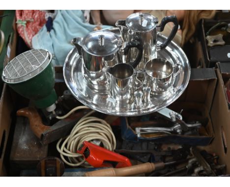 Silver plate epns tea/coffee set on circular tray to/w vintage anglepoise lamp and quantity of woodworking tools (box) to/w b