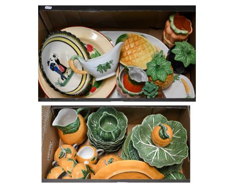 A quantity of continental Majolica and other novelty tableware modelled as fruit and vegetables, to/w Quimper bowl, floral-st