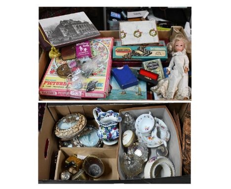 Four maritime shell prints, 'apprentice' brass utensils, Poole pottery ashtray, tea cups, trinket dishes, shield, mask, and v