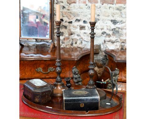 A 19th century oval mahogany tray with brass handles, to/w 19th century Chinese lacquered and lead lined tea caddy with gilt 