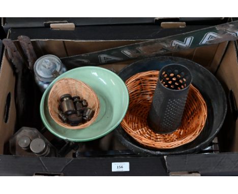 A vintage metal and enamel railway sign, 66 cm wide to/w 'Acme' grater, pair of iron brackets, jar of marbles, scales and pap