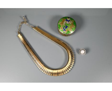 A Charles Horner silver brooch with cabochon moonstone, 1.8cm diam; an circular enamelled trinket pot and a gilt metal Cleopa
