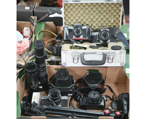 A Nikon EM SLR camera with series of E lens to/w 3 x vintage Praktica cameras MTL3, PL Noval and MTL 5B, various lenses inclu