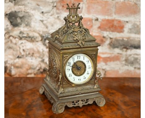 A continental gilt cased 8-day brass renaissance styled mantel clock, a/f, 30 cm h, no key&nbsp; 