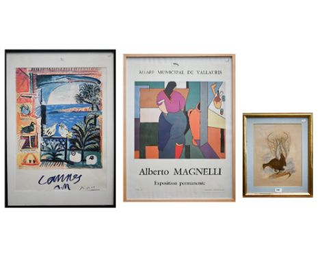Two gallery prints, Alberto Magnelli and Picasso to/w hand coloured engraving of a Lyre bird (3) 