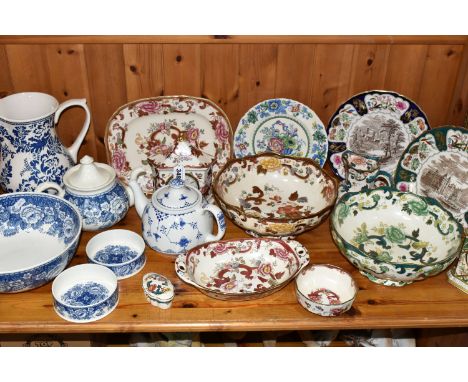 A GROUP OF MASON'S IRONSTONE, comprising a large 'Blue Batik' pattern pitcher, a teapot, large fruit bowl and two dishes 'Blu