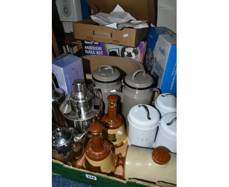 ONE BOX OF MISCELLANEOUS SUNDRIES, to include three stainless steel cocktail shakers, a stainless steel cocktail set, a stone